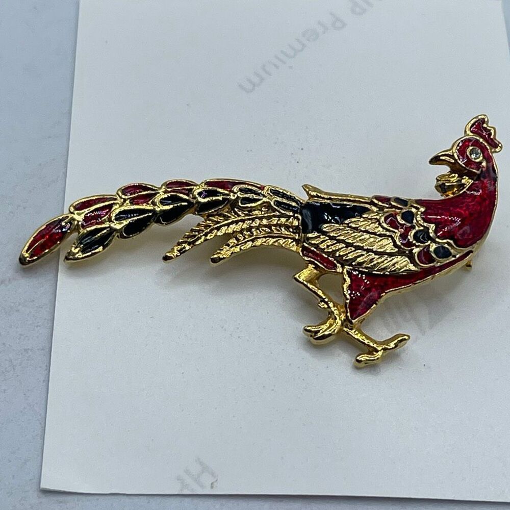 Vintage Peacock Pheasant enamel rhinestone brooch.